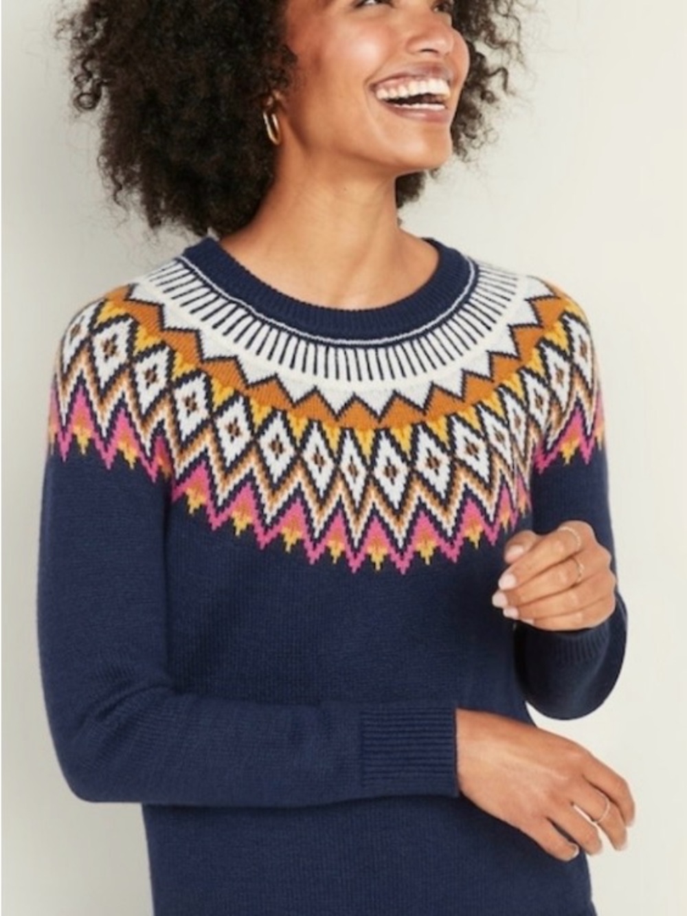 New Old Navy Fair Isle Womens Sweater L Navy Blue Holiday Knit Hi Emotion Fun